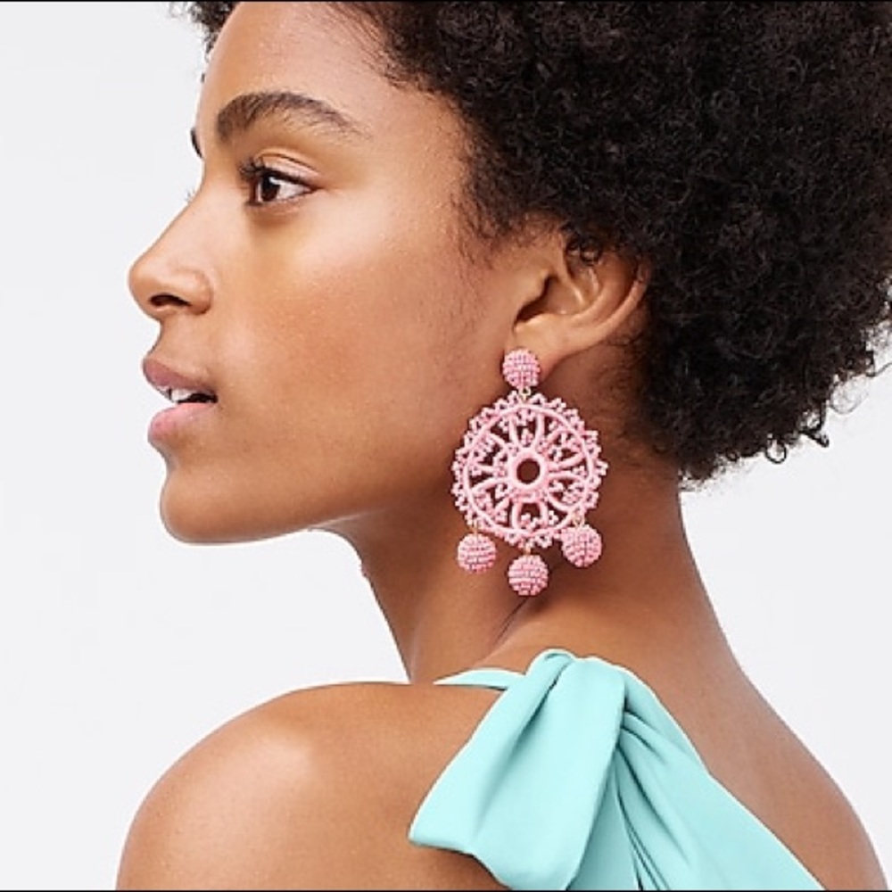 JCREW Beaded Crochet Earrings NWT OS Pink - Picture 2 of 7